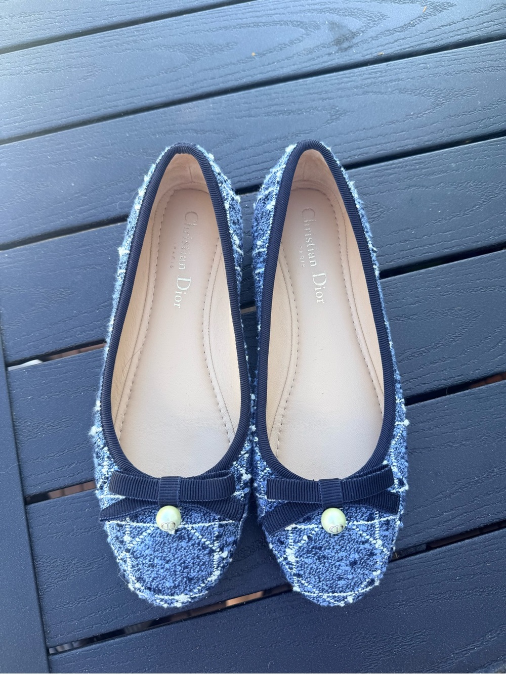 Christian Dior Cannage Tweed CD Pearl Ballet Flats Blue Excellent Condition